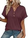 AUTOMET Womens Spring Tops 2026 Short Sleeve Shirts Henley Dressy Casual Blouses V Neck Fashion Tunics Trendy Flowy Clothing Burgundy L