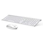 Wireless Keyboard and Mouse, Vssoplor 2.4GHz Rechargeable Compact Quiet Full-Size Keyboard and Mouse Combo with Nano USB Receiver for Windows, Laptop, PC, Notebook-White and Silver