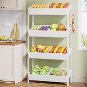 Tribesigns Wood Fruit and Vegetable Basket Stand Rack for Kitchen, Office, Store, Supremarket, Pantry Shelf Unit for Snacks, 4-Tier Wooden Utility Storage Shelves (White)