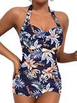 Women's Retro Tummy Control Swimsuits Halter One Piece Slimming Swimwear,Vintage Boyshorts Ruched Push Up Bathing Suit, Colorful Leaves, Small