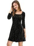 Allegra K Women's Velvet Square Neck Long Sleeve Vintage Mini Star Dress Black M-12