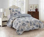 Brilliant Sunshine Blue Toile in Beige and Ivory Patches, 2-Piece Quilt Set with 1 Sham, Reversible Bedspread, Soft Lightweight Coverlet, All-Season, Twin, Blue