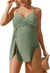 Maternity Swimwear One Piece Pregnancy Front Cross Bathing Suits Stretchy Swim Skirt with Bottom Gray Green L