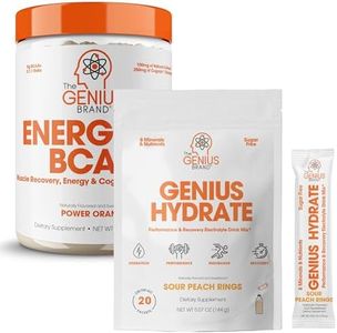 Genius Hydration & Recovery Bundle - Sour Peach Rings Hydrate Stick Pack Powder Drink Mix & Orange BCAA Energy Powder - Natural Electrolyte Booster & Muscle Recovery Supplement