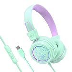 MEE audio KidJamz KJ55 Safe Listening USB-C Headphones for Children with Multicolor LED Lights, Volume Limiter, & Microphone; On-Ear Wired Kids Headset for iPhone 15, iPad, & USB Type C Devices (Mint)