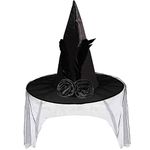 Halloween Witch Hat with Soft Lace Mesh Rose Flower and Feather, Halloween Costume Accessory