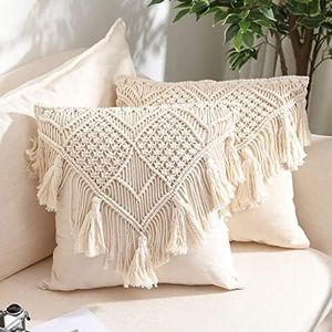 Throw Pillow Covers, Macrame Cushion Case, Woven Boho Cushion Cover for Bed Sofa Couch Bench Car Home Decor, Comfy Square Pillow Cases with Tassels, Set of 2 Decorative Pillowcase (17X17 inch, Cream)