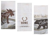 3 Cabin Lodge Themed Decorative Cotton Kitchen Towels with Bear, Moose, Antler Print | Marble Inspired Design | 2 Patterned Terry and 1 Embroidered Tea Towel Set for Dish and Hand Drying