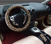 3 in 1 Soft Leopard Car Steering Wheel Cover handbrake grip gear shift collar Covers 38cm Short plush warm Winter (Beige,O)