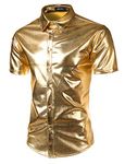 JOGAL Mens Metallic Shiny Nightclub Styles Short Sleeves Button Down Dress Shirts 3X-Large A316 Gold