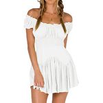 Women's Puff Sleeve Off Shoulder Mini Dress Square Neck Ruffled A Line Flowy Swing Beach Dress Summer Smocked Sundress (White, S)