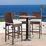 OUTLIVING Rattan Wicker Outdoor High Bar Chair with Cushion Set of 4 for Garden Balcony Bar Stool Set Lawn and Poolside & Kitchen - (Brown