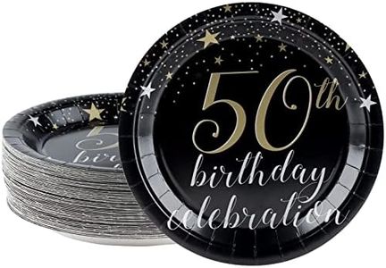 Juvale BLUE PANDA - Paper Plates with Gold Stars Design for 50th Birthday Party (Black, 9 In, 80 Count)