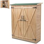 GiantexUK Wooden Garden Shed, Tool Storage Cabinet with 3 Shelves, Asphalt Sloped Roof, Lockable Double Doors & Raised Legs, Outdoor Tall Vertical Tool Shed Organizer, 140 x 50 x 161cm, Natural