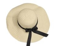 CLOTHERA Summer Medium Brim Floppy Beach Straw Hats for Women (Light Beige with Black Ribbon)