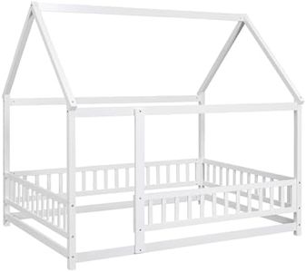 CuisinSmart White Wood 1 Full Size House Floor Bed with Roof Fence Guardrails Easy Assembly Multifunctional Playhouse Bed for Kids Boys Girls Teens (202 x 152 x 187cm)