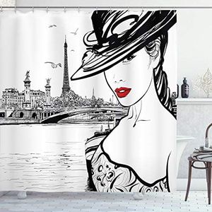 Fashion House Decor Shower Curtain by Ambesonne, Hand Drawn Girl in Makeup by Seine River in Paris European Life Image, Fabric Bathroom Decor Set with Hooks, 84 Inches Extra Long, Black White