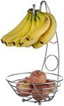 EXZACT Fruit Basket Fruit Bowl with Banana Hook 43cm Tall, Wired Fruit Rack/Banna Stand Hanger - Silvery Chrome Finish