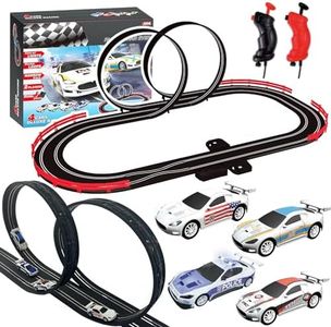 Slot Car Race Track Sets with 4 Light-Up Slot Cars, Battery or Electric Car Track, 2 Adjustable Speed Hand Controls, Track Parts and Lap Counter, Gifts Toys for Boys Girls Kids Age 4 5 6 7 8-12