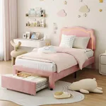 GarveeHome Twin Upholstered Smart LED Bed Frame with Adjustable Bear Headboard, Storage Drawer, Velvet Princess Platform Bed Frame for Kids/Girls, Wooden Slats Support, No Box Spring Needed, Pink