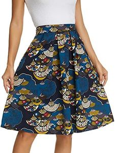 Tandisk Women's Vintage A-line Printed Pleated Flared Midi Skirt with Pockets, Fan Leaf Flower, Medium