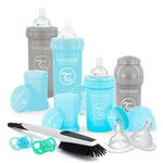 Twistshake Newborn Anti-Colic Baby Bottle Set with Milk Powder Container and Mixer - 9 Piece | 4 x Milk Bottles - 2 x Pacifier - 2 x Teat - 1 x Bottle Brush | BPA- Free Baby Milk Bottle | Blue Grey