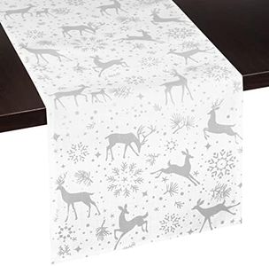 Brio Trends Winter Table Runner Silver Woodland Snowflakes and Reindeers - Perfect for Winter Decor, Log Cabin Decor, Winter Wonderland Decorations and Rustic Farmhouse Kitchens (12 x 108 Inches Long)