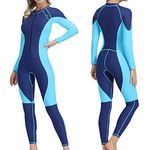 OMGear Swimsuit Women Long Sleeve Dive Skin Full Bodysuit Spandex Swimwear UV Protection Rashguard Thin Wetsuit for Swimming Kayaking Surfing Snorkeling Diving Rafting(Aqua＆Navy Blue,4XL)