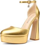 HDEUOLM Womens Chunky Block High Platform Heel Round Toe Closed Toe Pumps Two-Piece Ankle Strap Buckle Party Cute 5.3 Inches Heels, Gold, 8