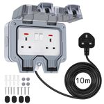 Powerole 10M Outdoor Socket Waterproof Extension Lead, Double Socket with 10M Outdoor Extension Lead Waterproof, IP66 13Amp 2 Gang Switched Socket Cover, Outdoor Weatherproof Wall Plug Socket Box