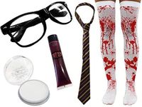 Ladies Halloween Zombie Schoolgirl Costume - Purple & Gold Tie - Glasses, Striped Tie, Bloody Stockings, Fake Blood and Face Paint - Adults Horror Geek Scary Nerd Halloween Fancy Dress Set