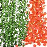 Logro piece Artificial Garland Plant Leaf Bail/Creeper | Wall Hanging | Specials Occasion Decoration | Festival Gift Decorative | Length Approx 7 Feet Pack of 8 (4 Green+4 Orange)