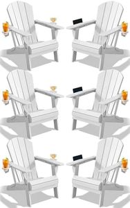 PLUUV Folding Adirondack Chair Set of 6, Easy Storage Space Saving, 380 LBS Capacity Weather Resistant HDPE with Two-Cup Holder for Outdoor Patio Fire Pit Gathering, White