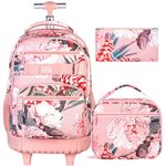 3PCS Rolling Backpack for Girls Women, Travel Roller Backpacks with Wheels for Adults, Teens College Flowers Wheeled Bookbag with Lunch Box(Pink)