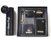 Dream Gift Glore Customized 5 in 1 Engraved 1 LED Flask Bottle, Passport Cover with Wallet, Eye Wear Case, and Metal Keychain Combo - Men's Combo Accessories, Personalised Gifts (Black)