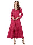 KIPEK Women's Pink Gold Print Kurta - Rayon Fabric, Full Sleeves, V-Neck and Ankle Length.