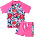 HUAANIUE Girls Kids 2-Piece Swimsuit Anti-UV UPF 50+ Kids Girls Short Swimwear 2-12 Years, s393-dark Pink Flower, 5-6 Years