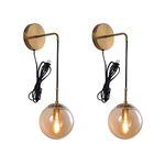 Plug in Wall Sconces Set of 2 Amber Glass Shade Wall Light Fixture Globe Brushed Brass Gold Wall Lamp for Bedroom Bedside Living Room Indoor Sconces Wall Lighting with Switch Cord 2 Pack