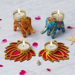 Craftasia Handcrafted Recycled Material Elephant Tealight Candle Holder and Lotus Diya for Home Decoration - Set of (2 Elephant 2 Lotus)