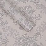 Lependor Silver Damask Peel and Stick Wallpaper Easily Removable Printed Stick Wall Paper Decorative Self Adhesive Shelf Drawer Liner Roll - (0.45 x 10 m, Silver Damask)