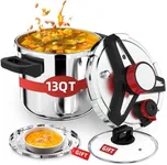 3-In-1 304 Stainless Steel Pressure Cooker 13 QT: [Explosion-Proof] [3 PSI Settings], One-Hand Locking Pressure Canner, Induction Compatible, Glass Lid & Steamer Rack Included, Olla de Presion