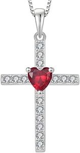 Vesitim 925 Sterling Silver Cross Pendant Necklace for Women Diamond Heart Shaped Birthstone Cross Necklace Vintage Jewelry Gifts, Sterling Silver, Created Ruby