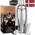 Professional Cocktail Shaker Set w/a Double Jigger & 2 Liquor Pourers by BARVIVO - 700ml Martini Mixer Made of Brushed Stainless Steel Perfect for Mixing Margarita, Manhattan & Other Drinks at Home.