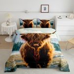 Highland Cow Kids Comforter Set Highland Cattle Bedding Set for Boys Teens Decor Wild Animal Comforter Western Decor Wildlife Duvet Set Bedroom Quilt Set 3Pcs Queen Size