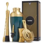 VonShef Cocktail Shaker Set, Gold & Green 6pc Set with Parisian Cocktail Shaker, Bartender Kit w/ Strainer, Muddler, Jigger & More, Gift Box Included