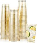 JOLLY CHEF 100 Pack 12 oz Gold Plastic Cups, Disposable Gold Cups,Heavy-duty Clear Plastic Tumblers, Gold Glitter Cups, Disposable Cups for Wedding, Thanksgiving, Christmas Party