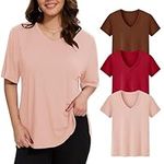 HLTPRO 3 Pack V Neck T Shirts for Women - Soft Summer Short Sleeve Oversized Loose Fit Tops Plus Size Tshirts Trendy 2025 for Casual Workout Black Pink Red