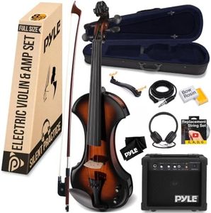 Pyle Full Size Electric Violin, 4/4 Solid Wood Silent Fiddle, with Amplifier Kit, Hard Case, Bow, Ebony Fittings, Digital Tuner, Extra Strings, Rosin