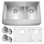 Miligoré 33" x 21" x 10" Deep Double Bowl (60/40 Split) Farmhouse Apron Zero Radius 16-Gauge Stainless Steel Kitchen Sink - Includes Drains/Grids