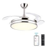 STERREN Retractable Ceiling Fans with Lights,42 Inch Modern Low Profile Bladeless LED Ceiling Fan Lights with Remote Control Smart Brushed Nickel Ceiling Fan for Bedroom Living Room